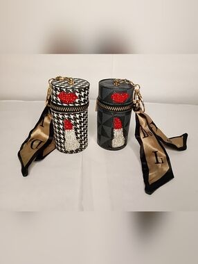 Stylish Black & White Lipstick Cylinder Crossbody Bag with Red Accents